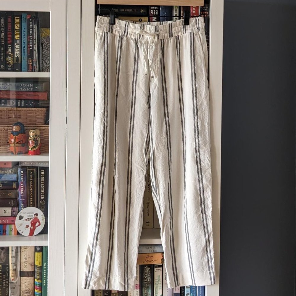 Linen Blend Wide Leg Cropped Pants / White with Gray Stripes / Size 8